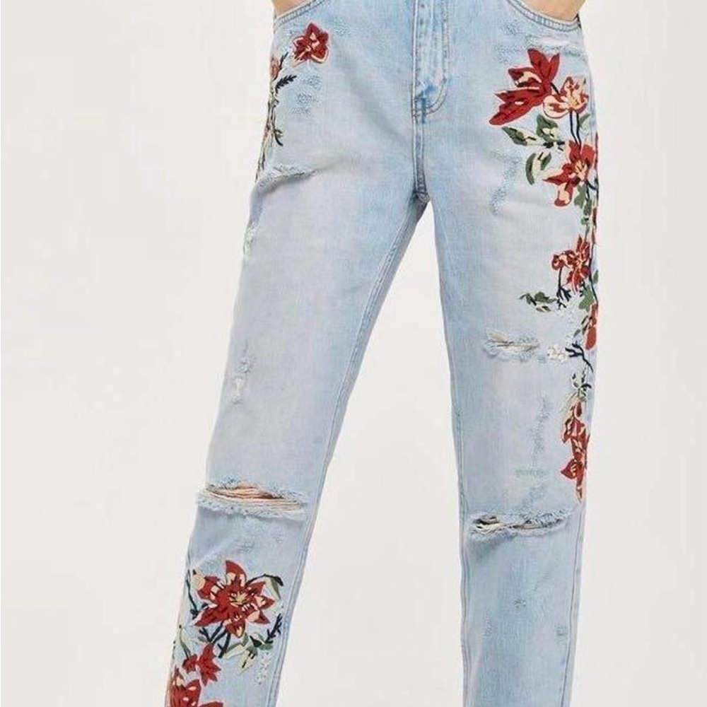 NWOT‎ - Top Shop - Floral Embroidered Moto Mom Jeans